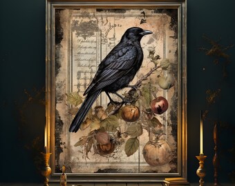 Lámina artística vintage de cuervo / Arte gótico caprichoso / Lámina oscura y caprichosa / Decoración gótica / Estética gothcore / Decoración oscura y melancólica