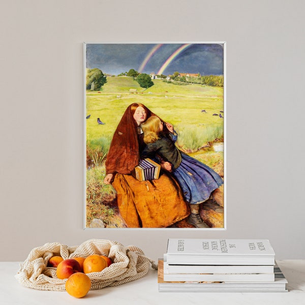 John Everett Millais - The Blind Girl (1856) - Classic Painting Photo Poster Print Art Gift Wall Home Decor - Rainbow Cornfield Sunny Day