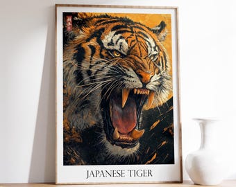 Majestätisch Japanischer Tiger Kunstdruck | Wilder brüllender Tiger Wanddekor | Wilde Wildtiere Illustration