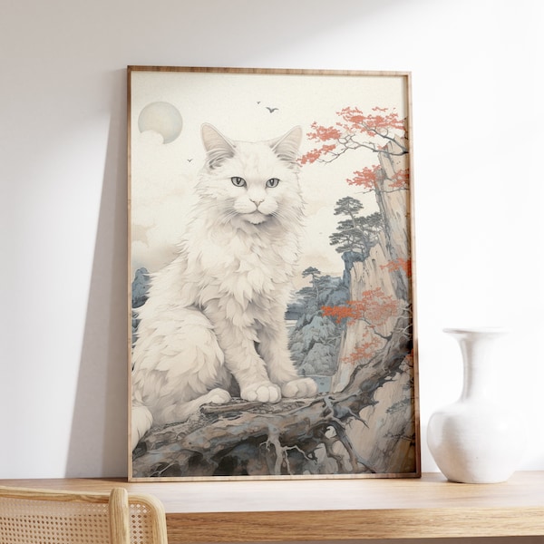 Japanese White Cat Poster | Animal Poster | White Cat Art Print | Animal Art Print | Japanese Wall Art | Ukiyo-e Print