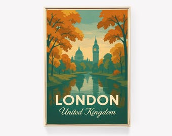 London Vintage Travel Poster, United Kingdom Wall Art, London Print, Retro Art Decor, England Gift