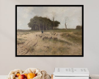 Farmhouse Painting | Farm Animals | Sheep Painting | Meadow Landscape | Vintage Painting | Canvas Maximalist Wall Art Decor Scenery Poster