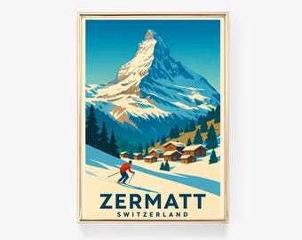 Zermatt Vintage Travel Poster, Switzerland Wall Art, Zermatt Print, Swiss Wall Decor, Switzerland Gift
