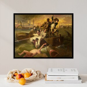 May include: A painting depicting a group of people in a boat being attacked by a shark. The boat is wooden and the people are dressed in 18th-century clothing. The shark is large and has its mouth open, revealing sharp teeth. The scene is set in a stormy sea with a distant cityscape in the background.