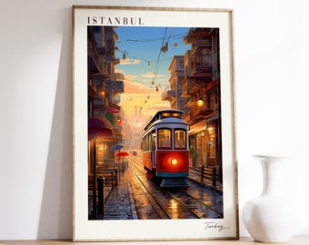 May include: Framed art print featuring a vibrant street scene in Istanbul. A red and white tram travels down a cobblestone street, flanked by buildings and streetlights. The word "ISTANBUL" is at the top, with "Turkey" below.