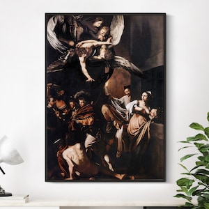 May include: A painting depicting a dramatic scene with a group of people in a dark room. A winged figure descends from the ceiling, while a woman and a child are being held captive. The painting is full of movement and emotion, with a sense of urgency and danger.