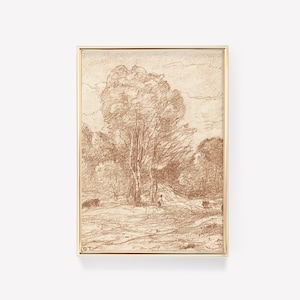 May include: A framed sepia-toned drawing of a landscape with a large tree in the center. The drawing is done in pencil and shows a path leading into the woods.