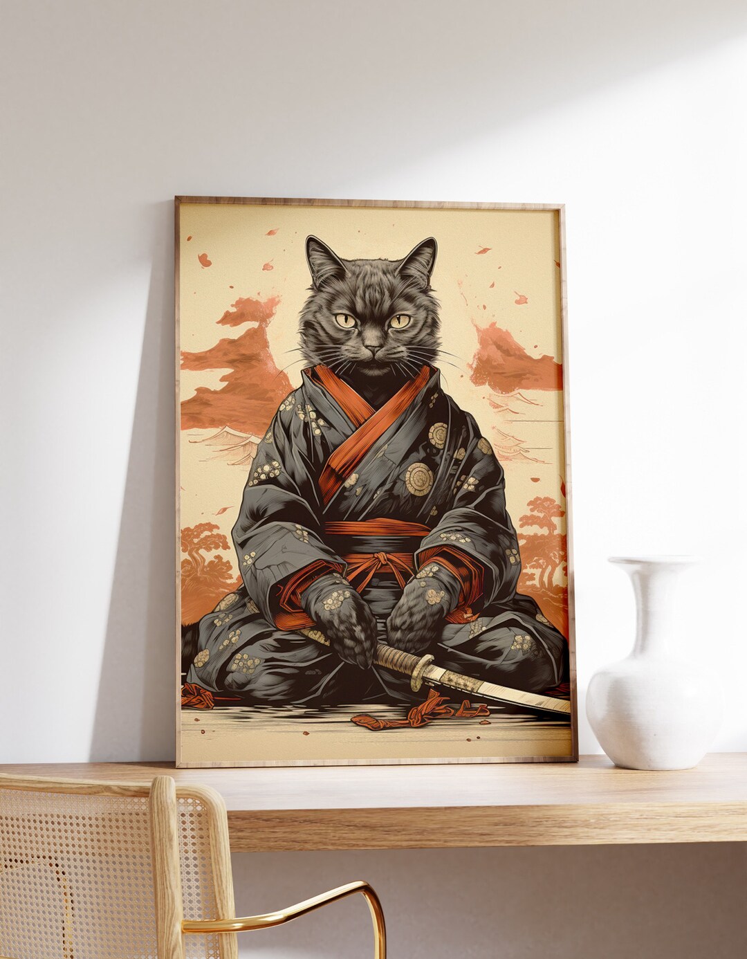 Japanese Samurai Cat Poster | Animal Poster | Samurai Cat Art Print ...