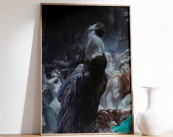 May include: A framed print of a classical painting depicting a dramatic scene with figures in various poses. The artwork features a dark, moody color palette with highlights on the figures, creating a sense of depth and emotion. The frame is a light brown color.