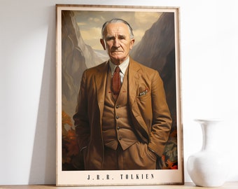 May include: A framed portrait of J.R.R. Tolkien, a man with white hair and a brown suit, against a backdrop of a mountain landscape.