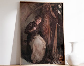 May include: Framed vintage print depicting a somber scene with a figure in dark clothing and a Grim Reaper-like figure with a scythe. The artwork features muted tones of brown, beige, and black, creating a dramatic and evocative atmosphere. The print is displayed in a wooden frame.