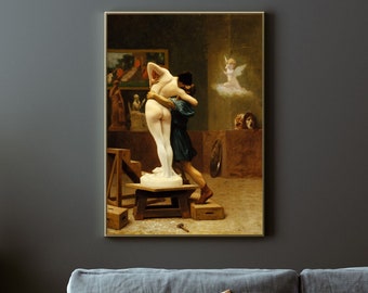 Jean-Leon Gerome - Pygmalion and Galatea (1890) - Sculpture Painting, Marble Bust Poster, Print Art Gift Wall Decor - Man Kisses His Statue