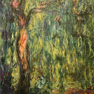 Puede incluir: Una pintura de un sauce llorón con hojas verdes y amarillas. El árbol está en un entorno boscoso con un tronco y ramas de color marrón oscuro. La pintura está hecha en un estilo que recuerda al impresionismo.