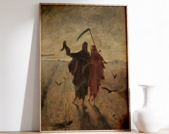 May include: A painting depicting two figures in a desolate landscape. One figure is cloaked in black and holds a scythe, while the other is dressed in red. The figures are walking towards the horizon, with a flock of birds flying overhead.