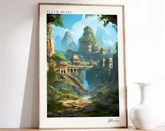 Plakat podróżniczy z ruinami Tulum | Wystrój wnętrz Meksyku | Plakat z Meksyku | Wydruk z ruinami Tulum | Wydruk podróżniczy