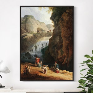 May include: A painting depicting a waterfall cascading down a rocky cliffside. Figures are gathered at the base of the waterfall, some playing music, others standing and observing. The scene is set in a lush, green landscape with a cloudy sky.