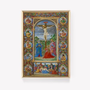 May include: A framed painting depicting a scene from the Passion of Christ. Jesus is on the cross, with Mary and John the Evangelist at the foot of the cross. The painting is surrounded by a decorative border with scenes from the life of Christ.