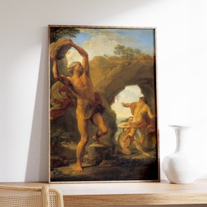 May include: A painting depicting a scene from Greek mythology. A large, muscular man with a beard is lifting a rock above his head, while two other figures, a woman and a man, are fleeing in terror. The scene is set in a rocky landscape with a cave in the background. The painting is done in a realistic style with warm, earthy tones.