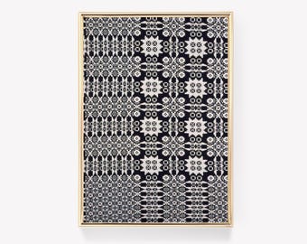 May include: A framed black and white tapestry with a geometric pattern. The pattern is made up of repeating squares and circles.