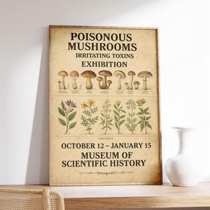 Impressão de planta venenosa, impressão de cogumelo tóxico, arte de gráfico botânico, arte de parede da natureza, pintura vintage