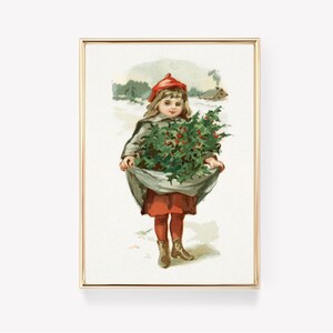 Stara kartka świąteczna | Nadruk Holly Girl | Retro świąteczna sztuka | Antyczne Boże Narodzenie | Nadruk świąteczny