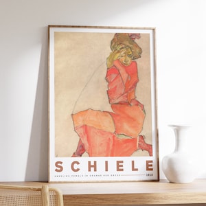Egon Schiele - Kniende Frau in Orange Rotem Kleid (1910) | Ausstellungsdruck | Museum Wandkunst | Eklektisches Dekor | Original Vintage Poster