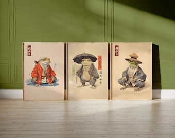 Japanese Set of 3 Frog Posters | Matsumoto Hoji Art Poster | Japanese Frog Print | Funny Frog Poster | Japanese Print | Animal Art Print