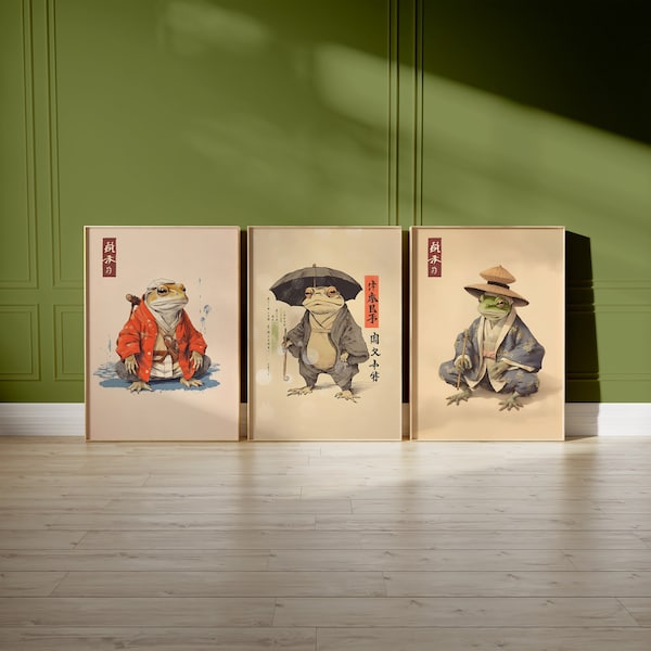 Japanese Set of 3 Frog Posters | Matsumoto Hoji Art Poster | Japanese Frog Print | Funny Frog Poster | Japanese Print | Animal Art Print