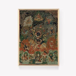 May include: A colorful Tibetan Buddhist painting depicting a deity riding a horse, surrounded by other figures and symbols. The painting is framed in gold and features a variety of colors, including red, blue, green, and gold.