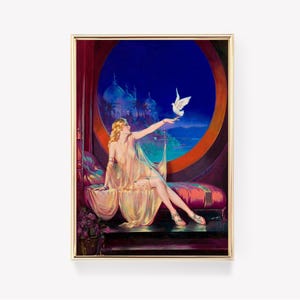 May include: A woman in a flowing white gown sits on a bed, reaching out to a white dove flying through a round window. The window looks out onto a cityscape with minarets and palm trees. The scene is painted in a vibrant, colorful style.