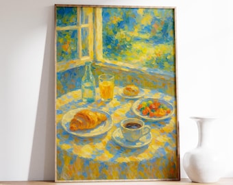 May include: A framed painting depicts a breakfast scene with a croissant, coffee, and fruit on a table covered with a yellow and blue patterned tablecloth. A bottle of water and a glass of orange juice are also on the table. The background shows a window with a view of a garden.