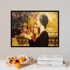Gustav Klimt - Two Girls with an Oleander Bush (1890) - Classic Painting - Photo Poster Print Art Gift Girls in Park With Flowers Yellow