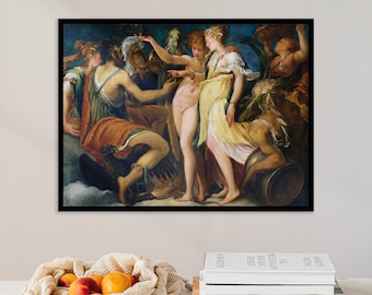 May include: A vintage oil painting depicting a group of figures in a mythological scene. The figures are dressed in flowing robes and appear to be interacting with each other. The painting is set against a backdrop of a cloudy sky and features a rich color palette of blues, greens, and browns.