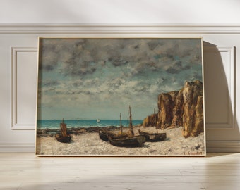 Vintage Cloudy Coastal Print | Gustave Courbet | Boats on a Beach (1872) | Sea Oil Painting, Ocean Painting, Nautical Poster, Coastal Print