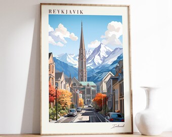 Plakat z podróży do Reykjaviku | Dekoracje podróżnicze do Islandii | Plakat z Islandii | Wydruk z Reykjaviku | Wydruk podróżniczy