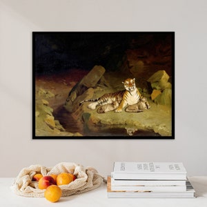 May include: A painting of a tiger and two cubs in a dark cave setting. The tiger is lying down with its cubs beside it. The painting is done in a realistic style with muted colors.