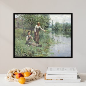 Daniel Ridgway Knight - Two Women Fishing - Art Print Painting Poster Gift Photo Vintage Wall Home Decor Anitque Beautiful Aesthetics