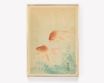 Vintage Fish Art | Ohara Koson Print | Goldfish Illustration | Japanese Art | Waterweeds Poster