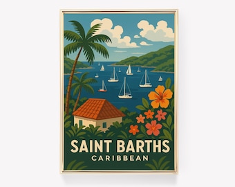 Saint Barths Travel Poster, Caribbean Wall Art, Vintage Poster Print, Caribbean Decor, Gift Idea
