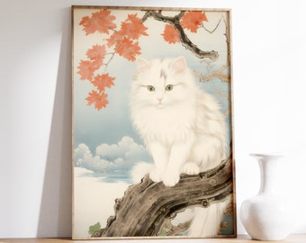 Kunstdruck | Vintage weiße Katze Druck | Ukiyo-e Kunst Poster | Japanische Wandkunst | Süße weiße Katze Druck | Antike Wandkunst