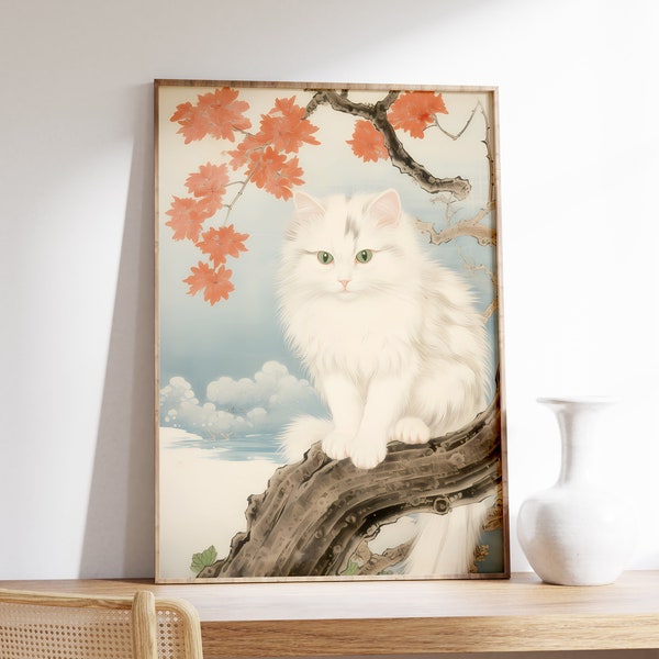 Japanese Art Print | Vintage White Cat Print | Ukiyo-e Art Poster | Japanese Wall Art | Cute White Cat Print | Antique Wall Art