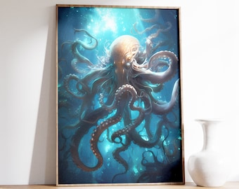 Estampado de pulpo / Estampado de vida marina / Decoración playera vintage / Decoración náutica de pared / Póster con estética oceánica / Criatura marina / Arte marino melancólico