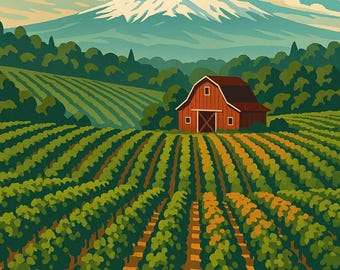 Puede incluir: Ilustración estilizada del valle de Willamette en Oregón. Un granero rojo se encuentra en medio de un viñedo, con una montaña nevada al fondo. El cielo es azul con nubes blancas, y el texto "WILLAMETTE VALLEY OREGON" está en la parte inferior.