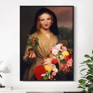 Charles Cromwell Ingham - The Flower Girl (1846) | Vintage Antique Painting Home Luxury Bedroom Decor Poster Print Woman Portrait Wall Art