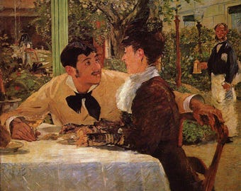 May include: A painting of a couple sitting at a table outdoors. The man is wearing a light yellow shirt with a black bow tie. The woman is wearing a brown dress with a white collar. The background is a garden with trees and a building.