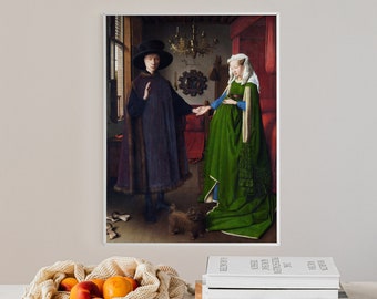 May include: A painting depicting a couple standing in a room. The man is wearing a black hat and a dark robe. The woman is wearing a green dress and a white head covering. A small dog is sitting at their feet.