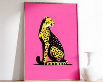 Nadruk z gepardem, grafika ze zwierzętami, różowa sztuka ścienna, sztuka boho, plakat z dżunglą, minimalistyczna sztuka z gepardem, nadruk z lampartem, sztuka z gepardem