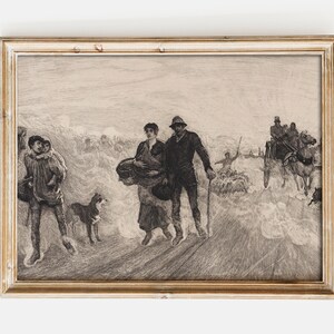 May include: A black and white etching depicting a group of people walking along a road. The people are dressed in simple clothing and are carrying various items. The etching is framed in a light wood frame.
