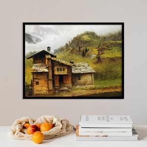 Albert Bierstadt - Mountain House (1875) | Antique Architecture Poster | Vintage House Painting | Farmhouse Decor | Landscape Print