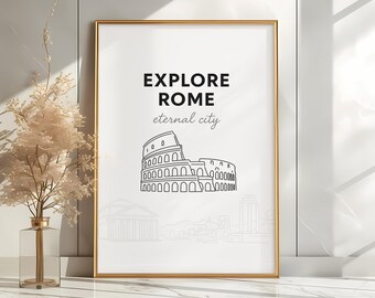 Rome Travel Poster, Colosseum Wall Art, Rome Line Art Print, Eternal City Decor, Rome Architecture Gift